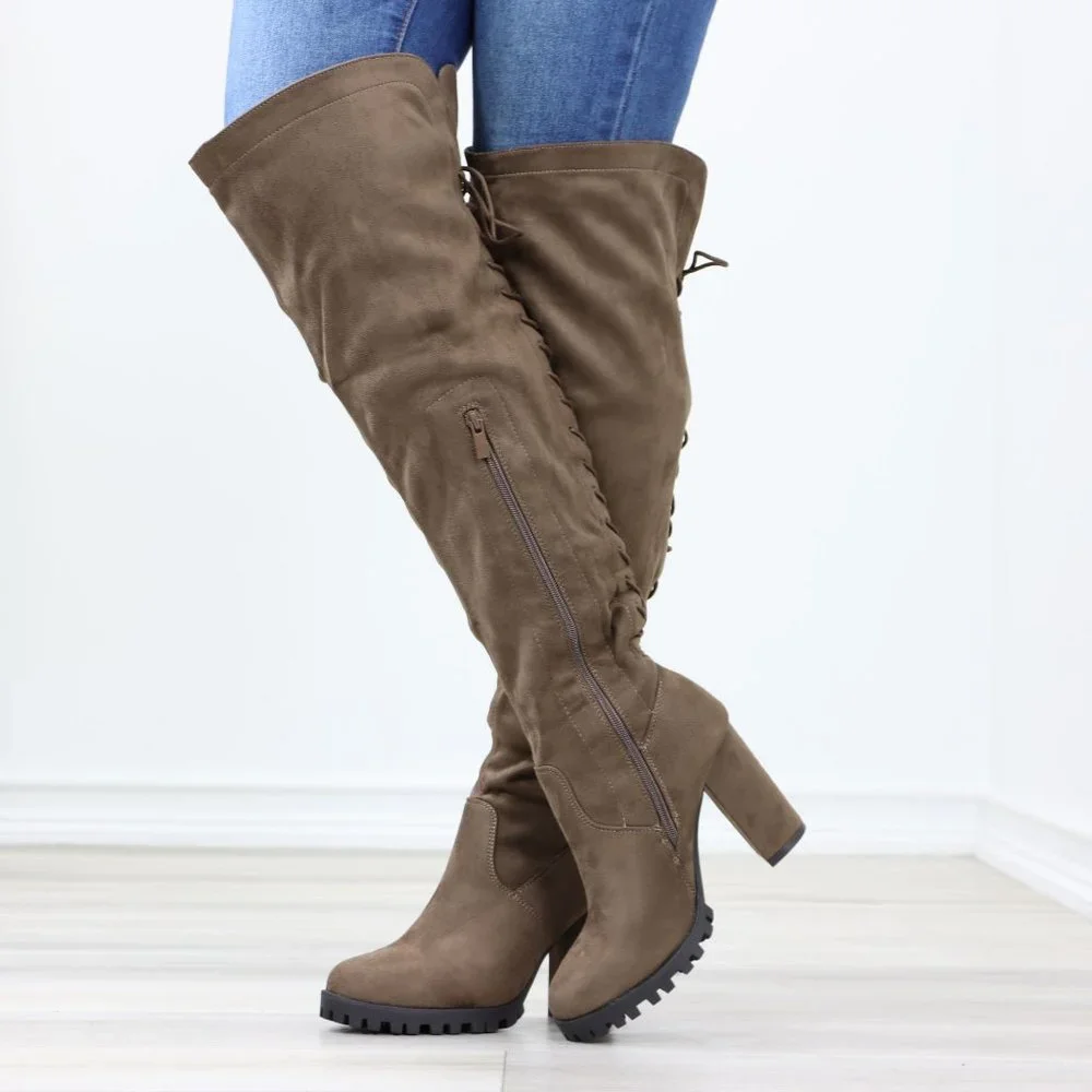 Full Lace-Up Back Taupe Faux Suede Thigh High Over The Knee Lug Block Heeled Boo - Picture 9 of 14